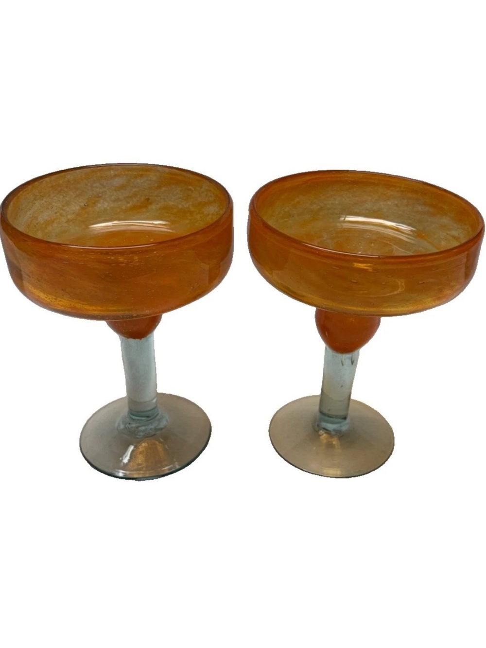 Hand blown Mexican 8 0z Margarita glasses- ORANGE with clear stem- set of 2- NEW